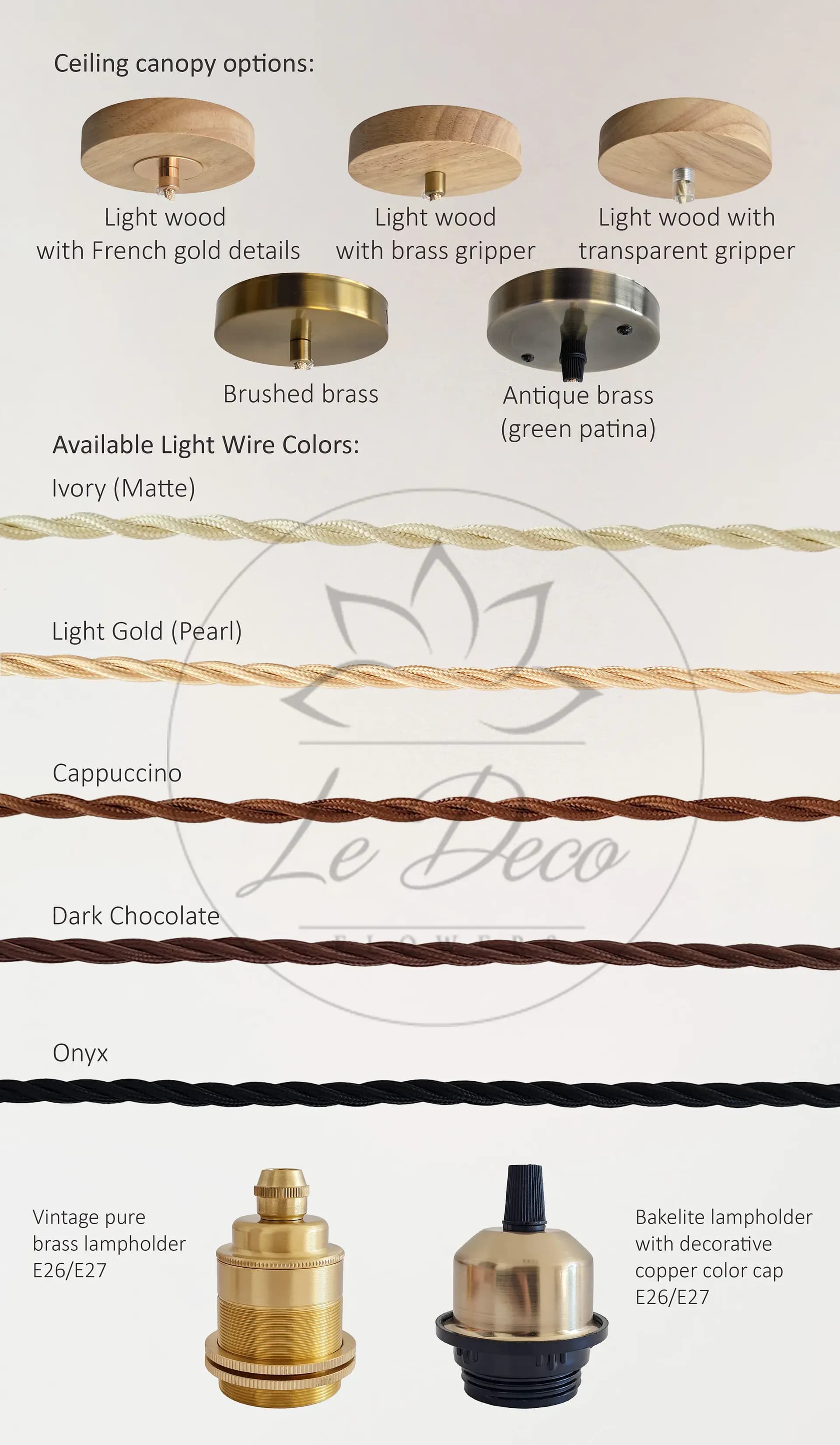 Cable, bulb holder and ceiling canopy colour options